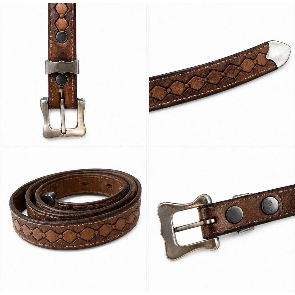 Vintage Interlocking Diamond Design Brown Leather Belt 31